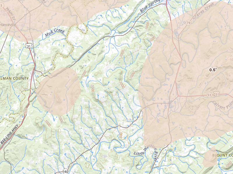Radar-estimated hail-size map of the storm over Hayden, AL on Aug 20, 2026