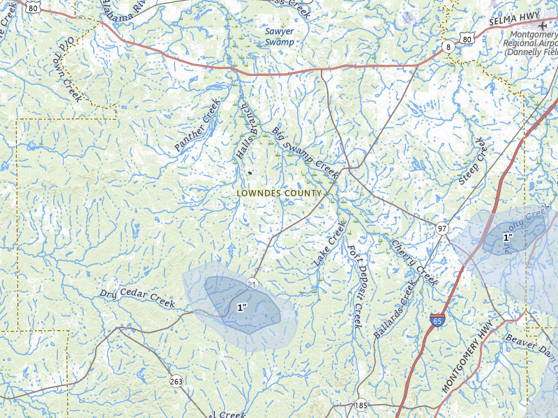 NEXRAD radar-signature map of the hail storm over Hayneville, AL on Jul 10, 2026