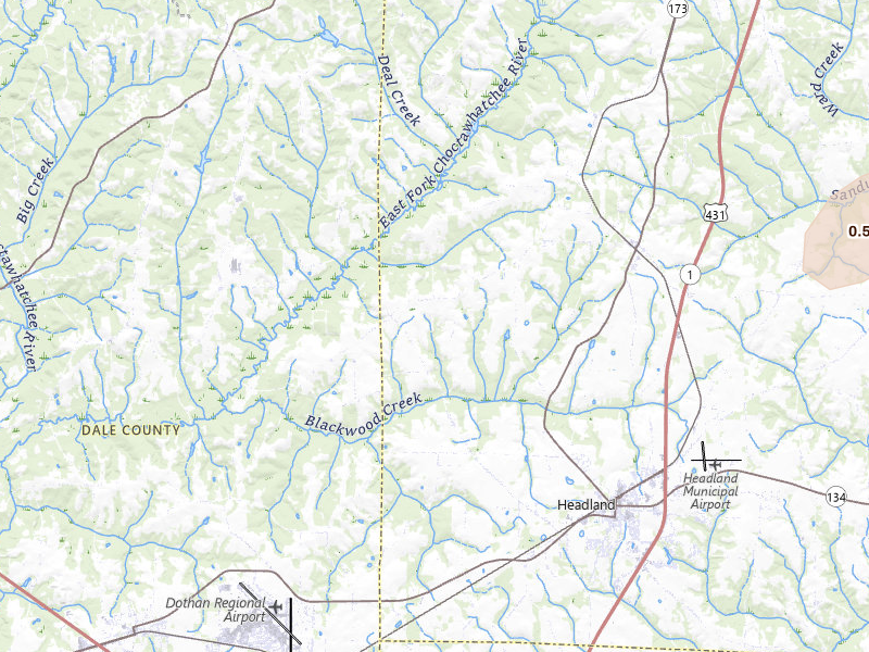 Radar-estimated hail-size map of the storm over Headland, AL on Jul 10, 2026
