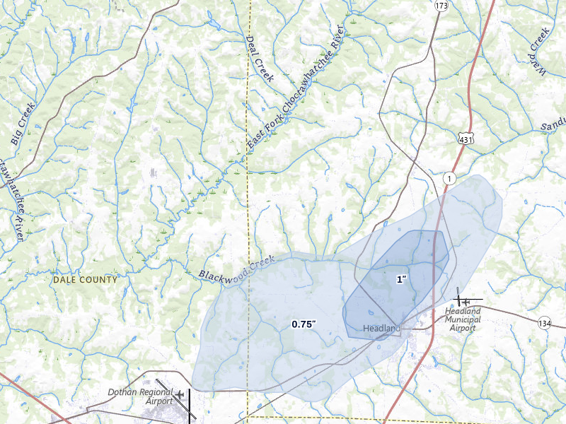 NEXRAD radar-signature map of the hail storm over Headland, AL on Jul 12, 2026