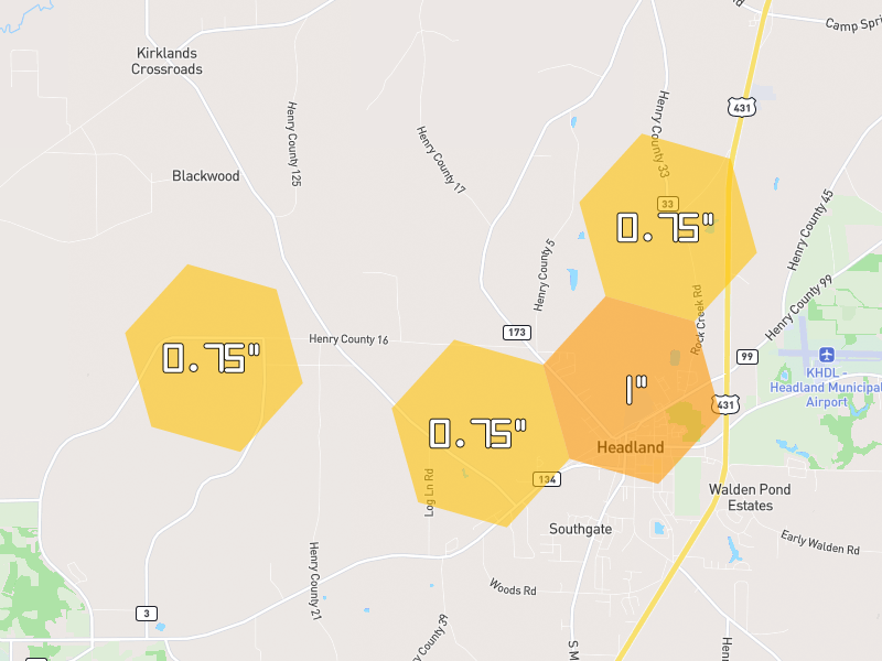 Hail map of Headland, AL on Jul 12, 2026, hail up to 1"