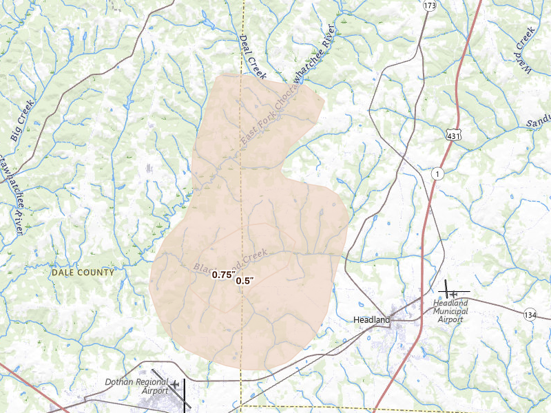 Radar-estimated hail-size map of the storm over Headland, AL on Aug 21, 2026