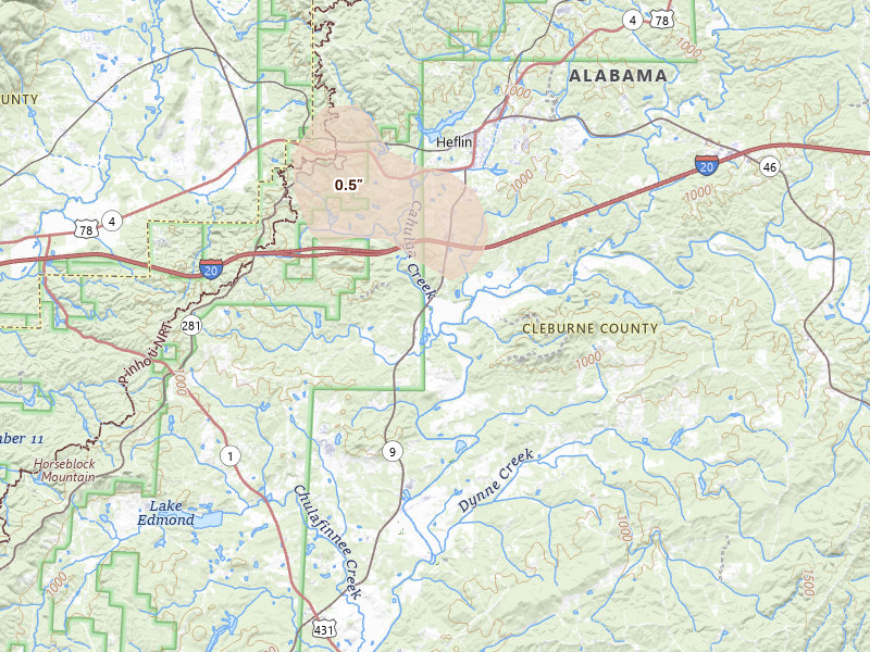 Radar-estimated hail-size map of the storm over Heflin, AL on Jun 1, 2026