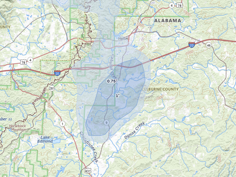NEXRAD radar-signature map of the hail storm over Heflin, AL on Jun 1, 2026