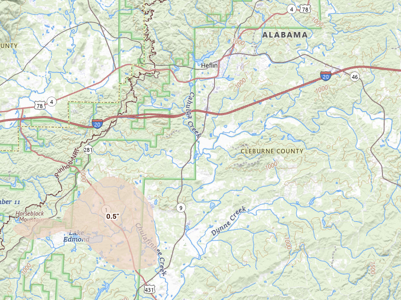 Radar-estimated hail-size map of the storm over Heflin, AL on Jul 2, 2026