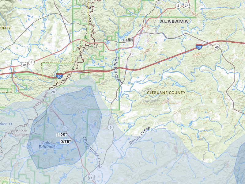 NEXRAD radar-signature map of the hail over Heflin, AL