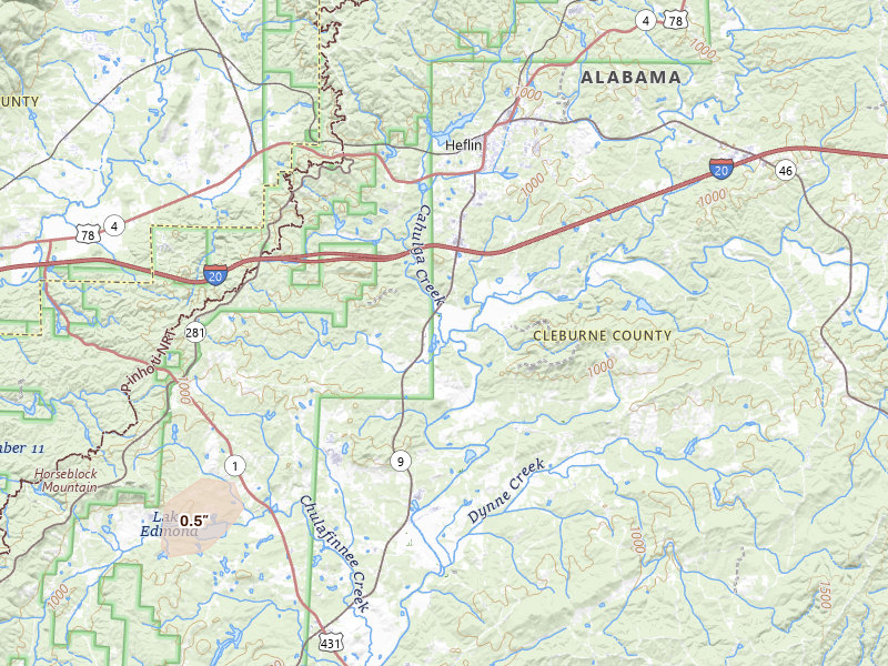 Radar-estimated hail-size map of the storm over Heflin, AL on Jul 5, 2026