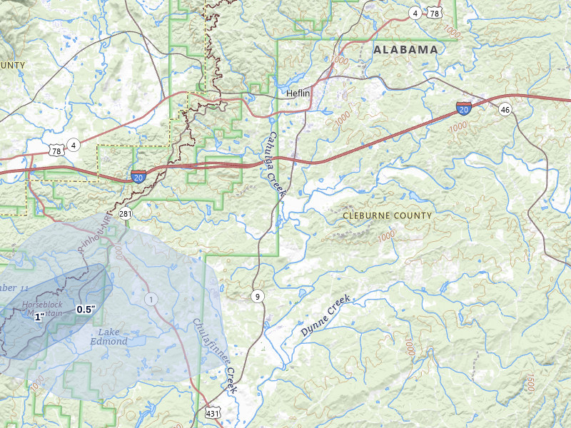 NEXRAD radar-signature map of the hail storm over Heflin, AL on Jul 5, 2026