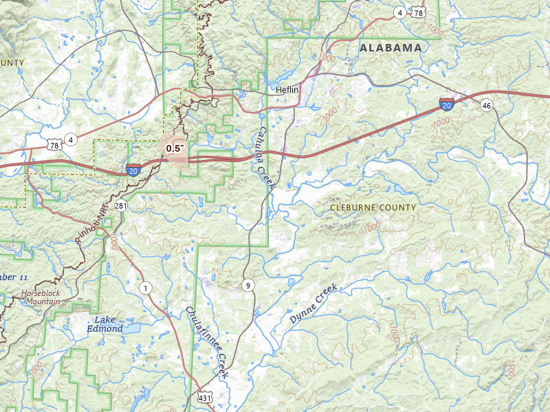 Radar-estimated hail-size map of the storm over Heflin, AL on Jul 11, 2026