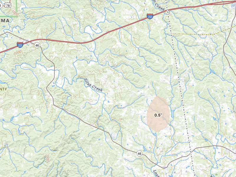 Radar-estimated hail-size map of the storm over Heflin, AL on Jul 18, 2026