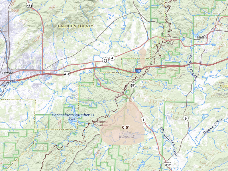 Radar-estimated hail-size map of the storm over Heflin, AL on Aug 6, 2026