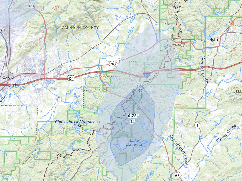 NEXRAD radar-signature map of the hail storm over Heflin, AL on Aug 6, 2026