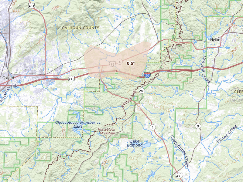 Radar-estimated hail-size map of the storm over Heflin, AL on Aug 7, 2026
