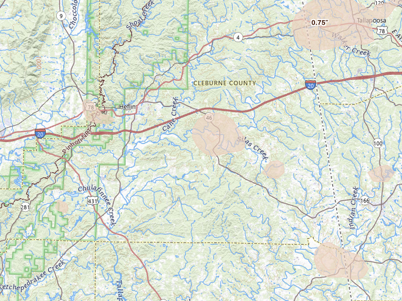 Radar-estimated hail-size map of the storm over Heflin, AL on Aug 11, 2026