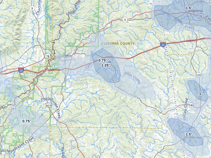 NEXRAD radar-signature map of the hail storm over Heflin, AL on Aug 11, 2026