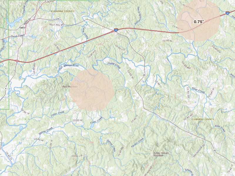 Radar-estimated hail-size map of the storm over Heflin, AL