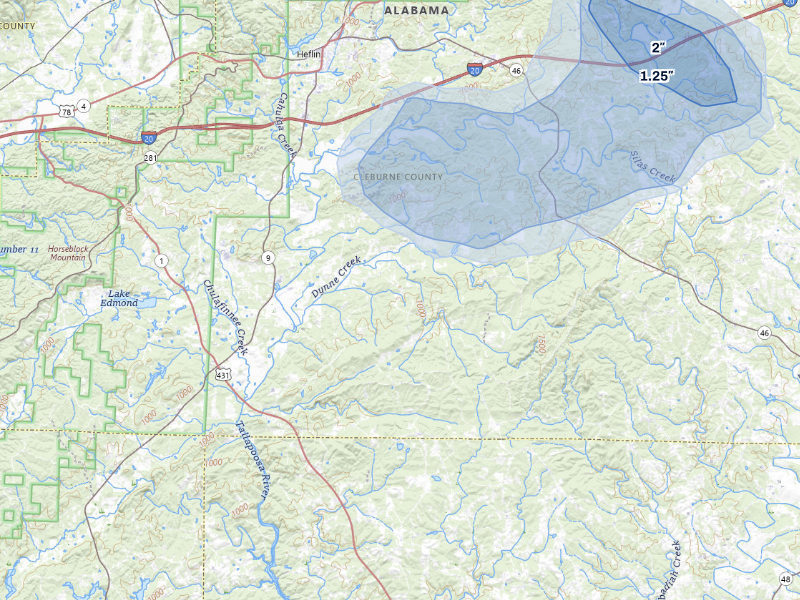 NEXRAD radar-signature map of the hail storm over Heflin, AL on Sep 21, 2026