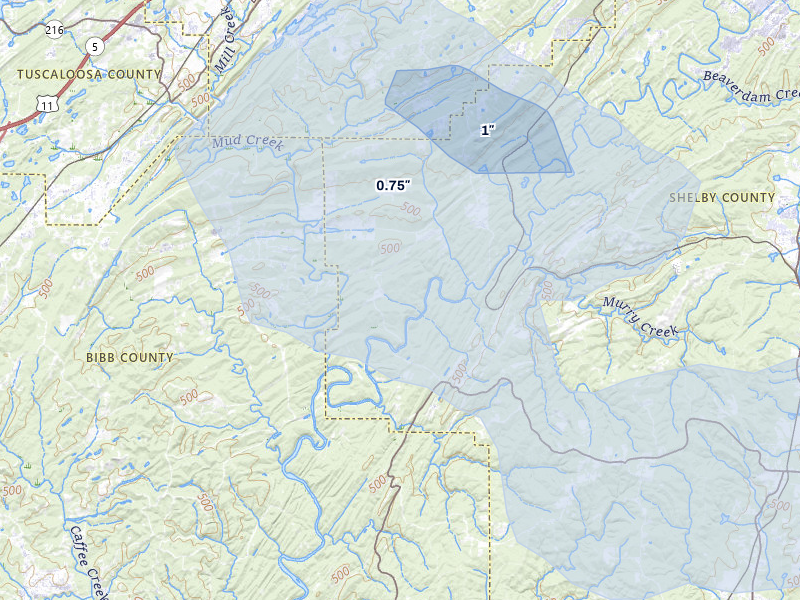 NEXRAD radar-signature map of the hail storm over Helena, AL on Jul 1, 2026