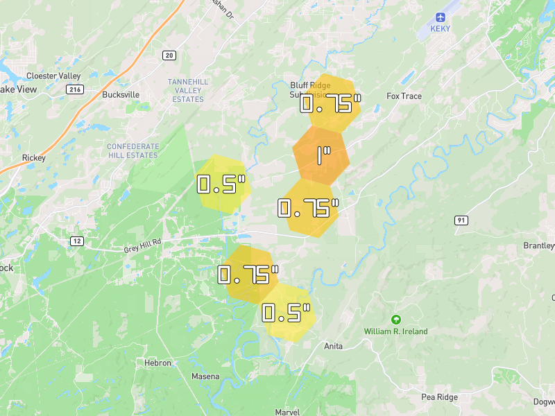 Hail map of Helena, AL on Jul 1, 2026, hail up to 1"