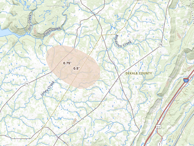 Radar-estimated hail-size map of the storm over Henagar, AL on Jun 9, 2026