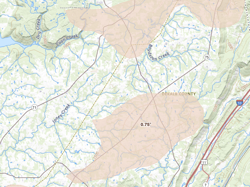 Radar-estimated hail-size map of the storm over Henagar, AL on Jul 3, 2026