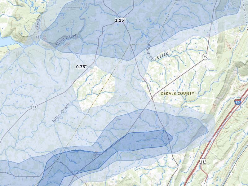 NEXRAD radar-signature map of the hail storm over Henagar, AL on Jul 3, 2026