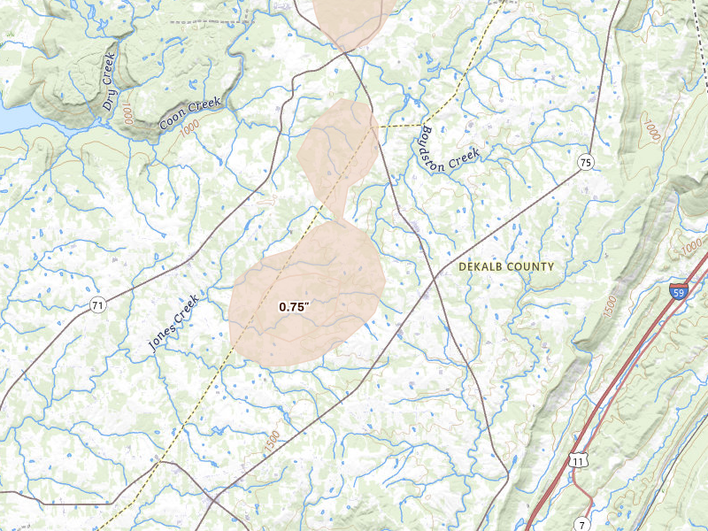 Radar-estimated hail-size map of the storm over Henagar, AL on Aug 7, 2026