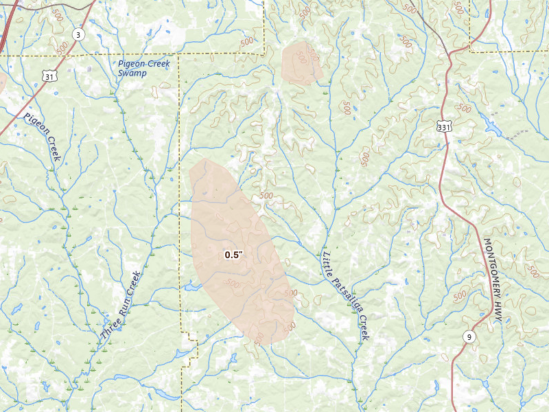 Radar-estimated hail-size map of the storm over Highland Home, AL on Jul 17, 2026