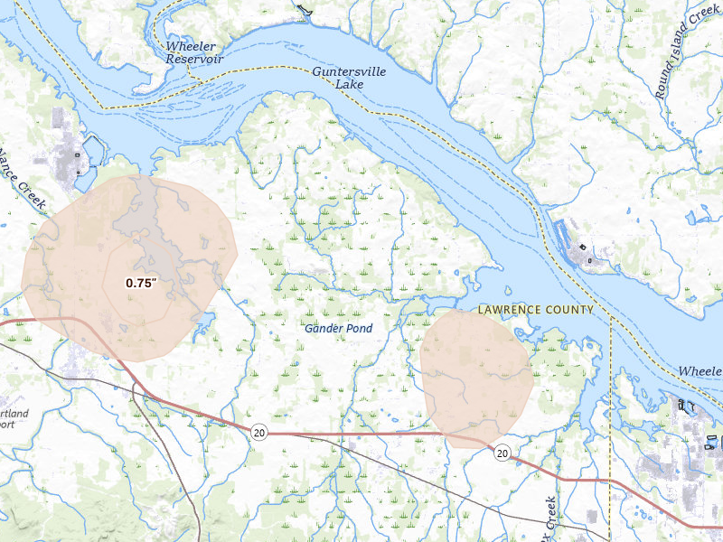Radar-estimated hail-size map of the storm over Hillsboro, AL on Aug 8, 2026