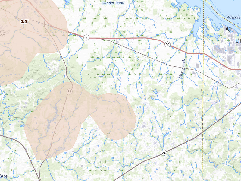 Radar-estimated hail-size map of the storm over Hillsboro, AL on Aug 26, 2026