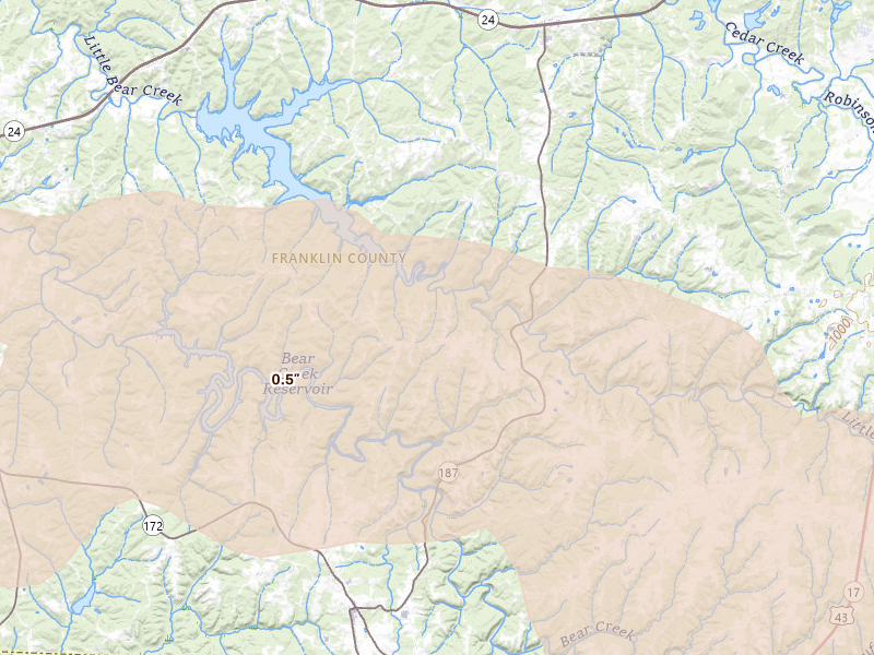 Radar-estimated hail-size map of the storm over Hodges, AL