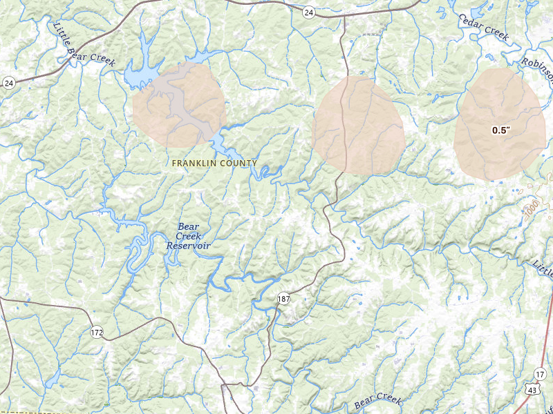 Radar-estimated hail-size map of the storm over Hodges, AL on Apr 28, 2026
