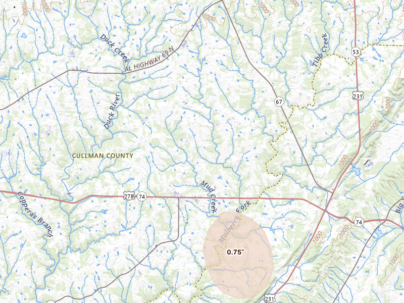 Radar-estimated hail-size map of the storm over Holly Pond, AL on Jul 3, 2026