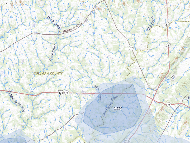 NEXRAD radar-signature map of the hail storm over Holly Pond, AL on Jul 3, 2026