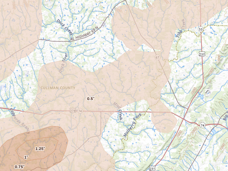 Radar-estimated hail-size map of the storm over Holly Pond, AL on Aug 20, 2026