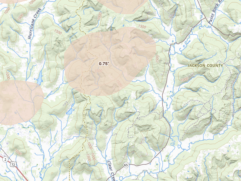 Radar-estimated hail-size map of the storm over Hollytree, AL on Aug 20, 2026