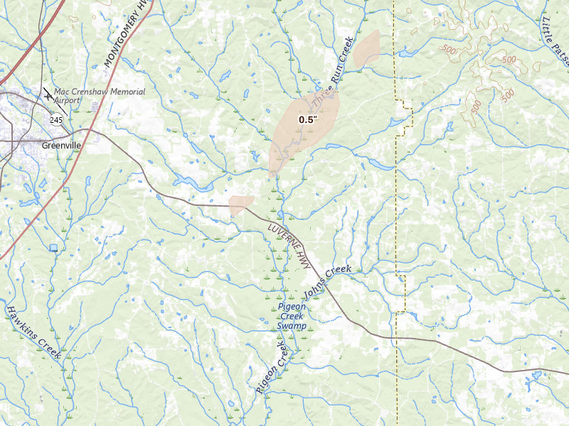 Radar-estimated hail-size map of the storm over Honoraville, AL on May 22, 2026