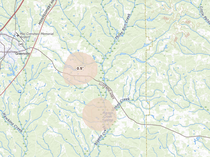 Radar-estimated hail-size map of the storm over Honoraville, AL on Jun 9, 2026