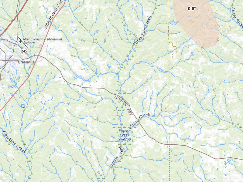 Radar-estimated hail-size map of the storm over Honoraville, AL on Jul 17, 2026