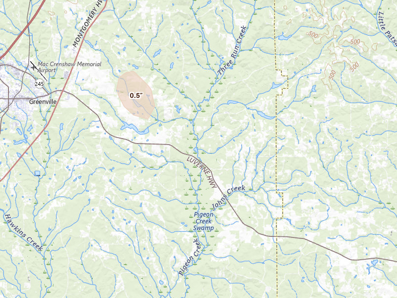 Radar-estimated hail-size map of the storm over Honoraville, AL on Aug 24, 2026