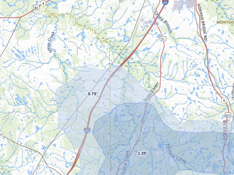 NEXRAD radar-signature map of the hail over Hope Hull, AL