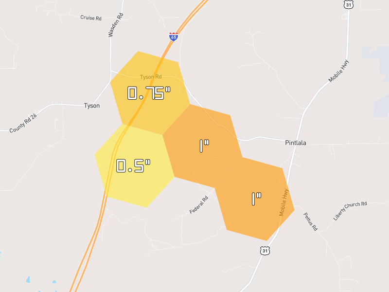 Hail map of Hope Hull, AL on Jul 1, 2026, hail up to 1"