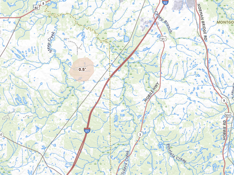 Radar-estimated hail-size map of the storm over Hope Hull, AL on Aug 14, 2026