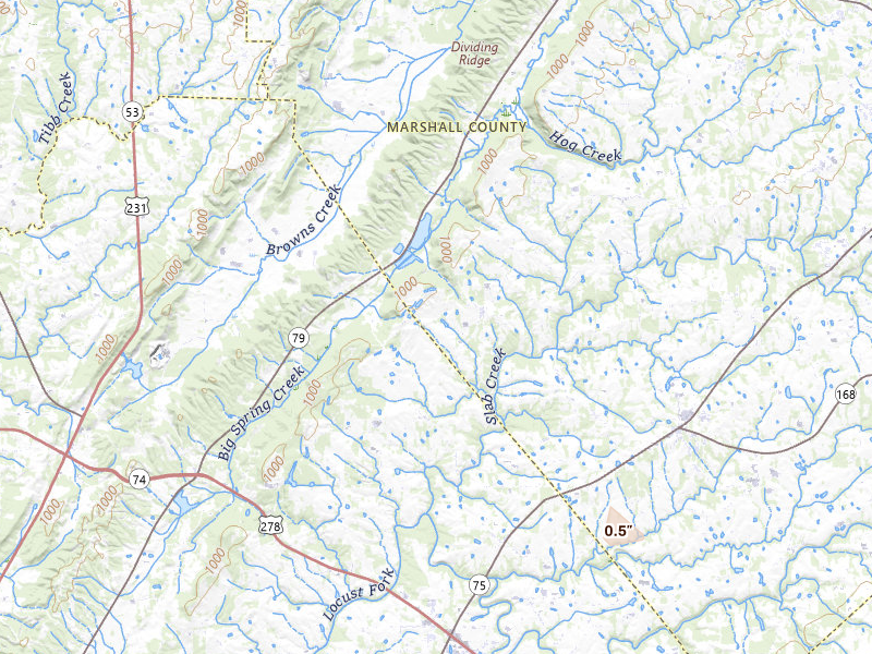 Radar-estimated hail-size map of the storm over Horton, AL on Jul 2, 2026