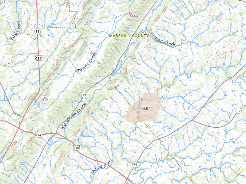 Radar-estimated hail-size map of the storm over Horton, AL on Jul 11, 2026