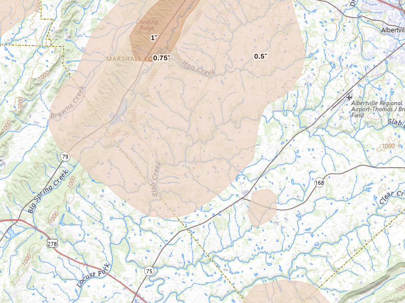 Radar-estimated hail-size map of the storm over Horton, AL on Aug 20, 2026