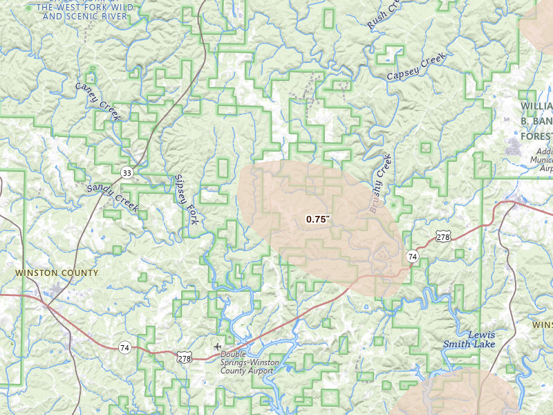 Radar-estimated hail-size map of the storm over Houston, AL on Jun 1, 2026