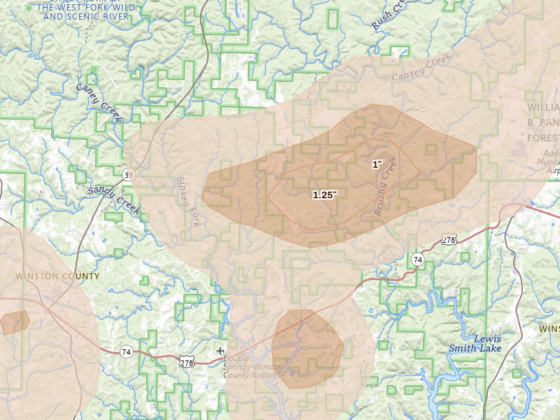 Radar-estimated hail-size map of the storm over Houston, AL on Jul 1, 2026