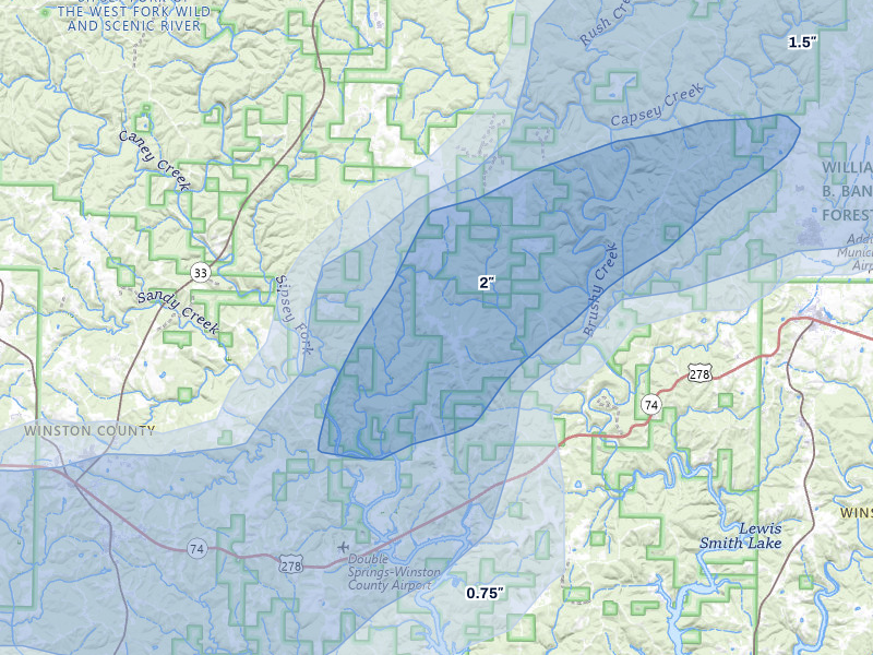 NEXRAD radar-signature map of the hail storm over Houston, AL on Jul 1, 2026