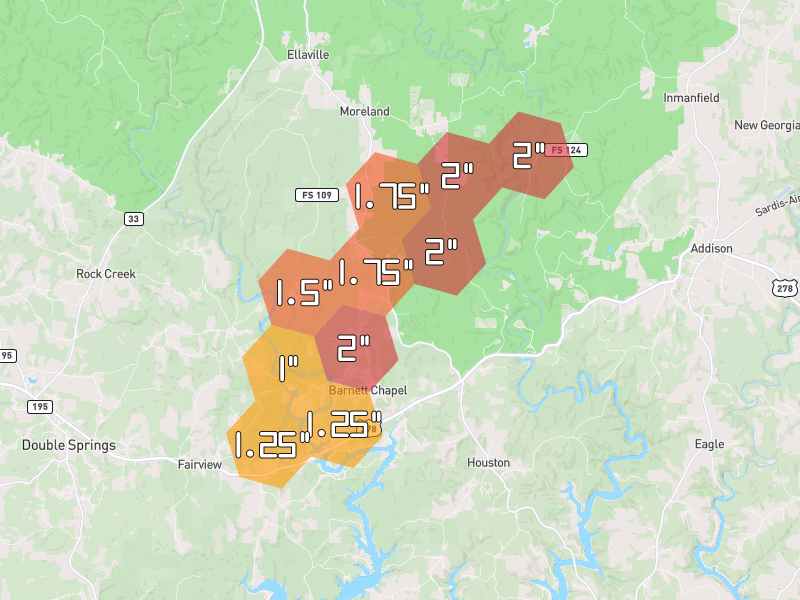 Hail map of Houston, AL on Jul 1, 2026, hail up to 2"